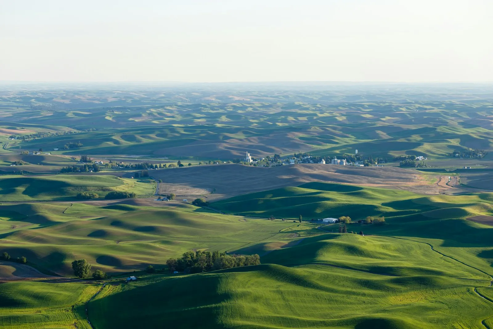 The rolling Palouse wheat country of Eastern Washington, with a small town nestled among the hills