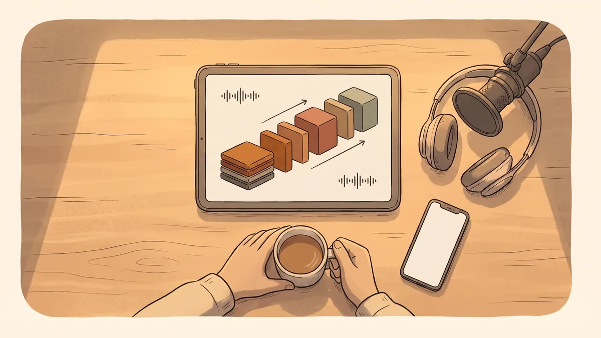 Hands hold a coffee mug beside a tablet displaying an automated, multi-step workflow of abstract geometric shapes.