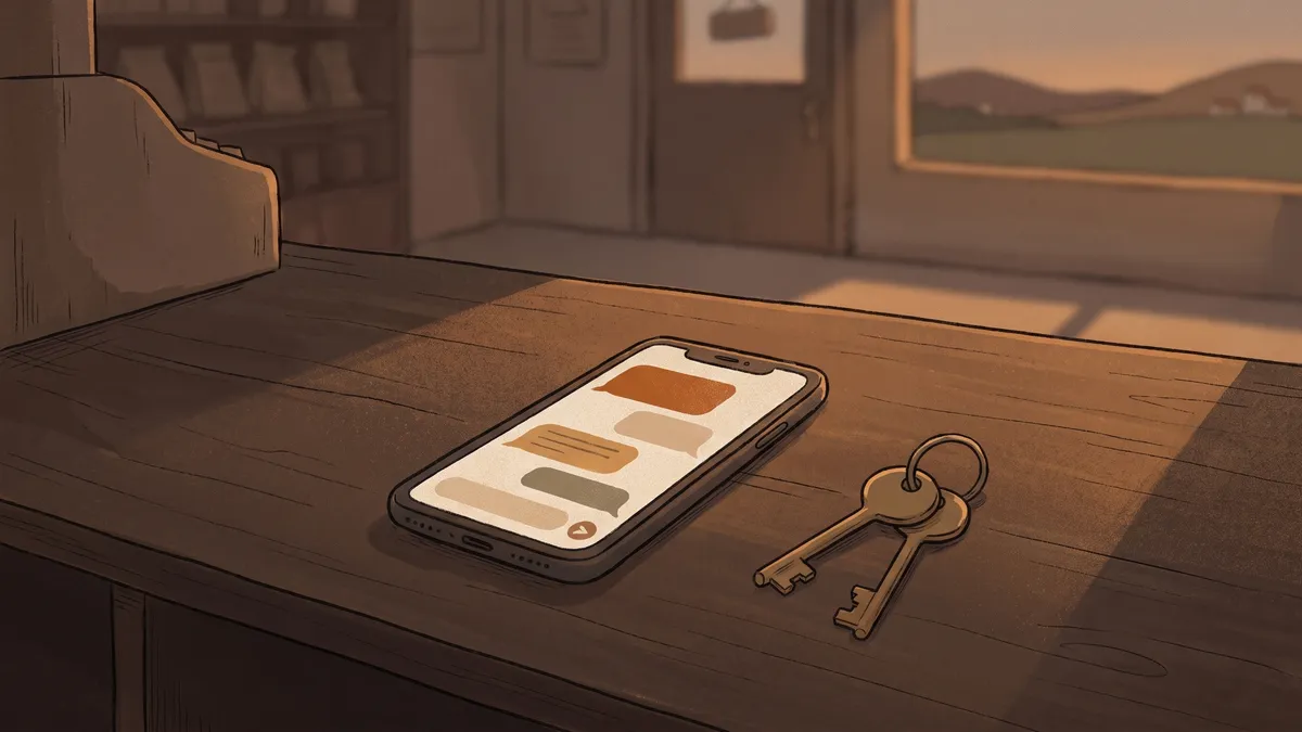 A glowing smartphone displaying abstract shapes sits on a dark wooden shop counter at night beside brass keys.