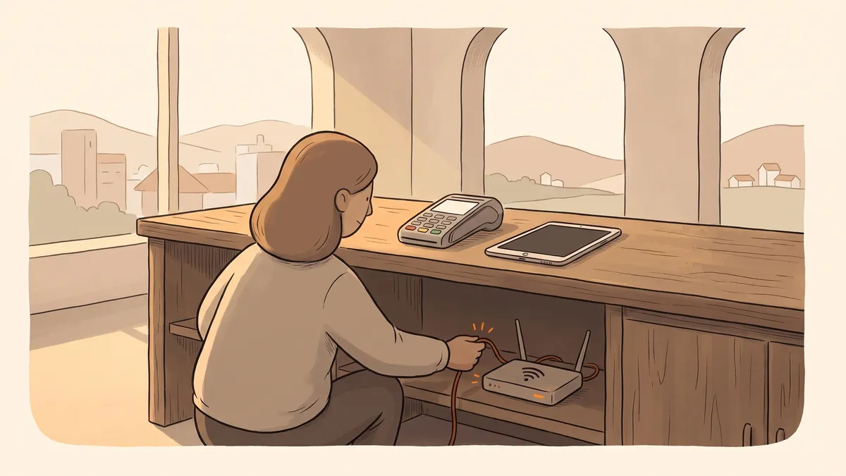 A hand unplugging a Wi-Fi router from under a wooden reception counter next to a card reader.
