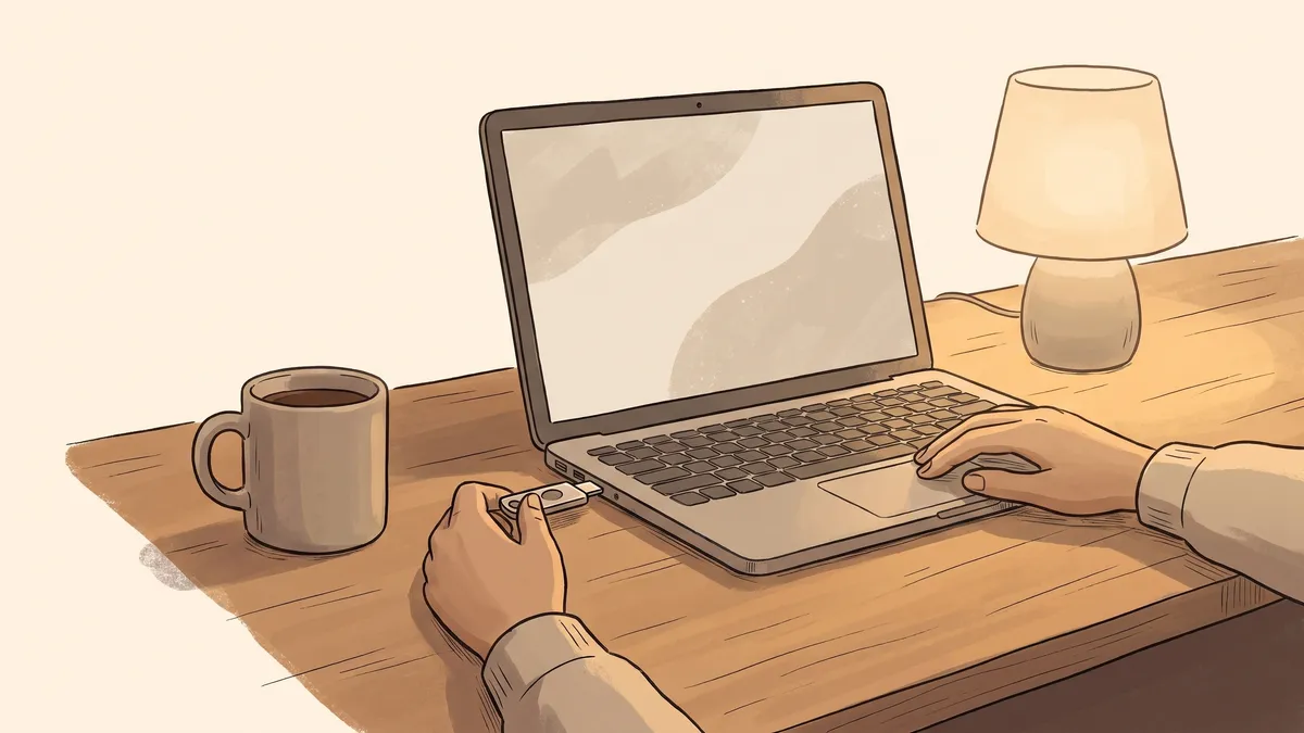 Hands inserting a metallic security key into a laptop on a warm wooden desk next to a coffee mug.