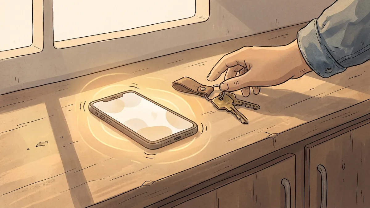 A smartphone vibrating with a warm light on a wooden counter next to a set of truck keys being picked up.