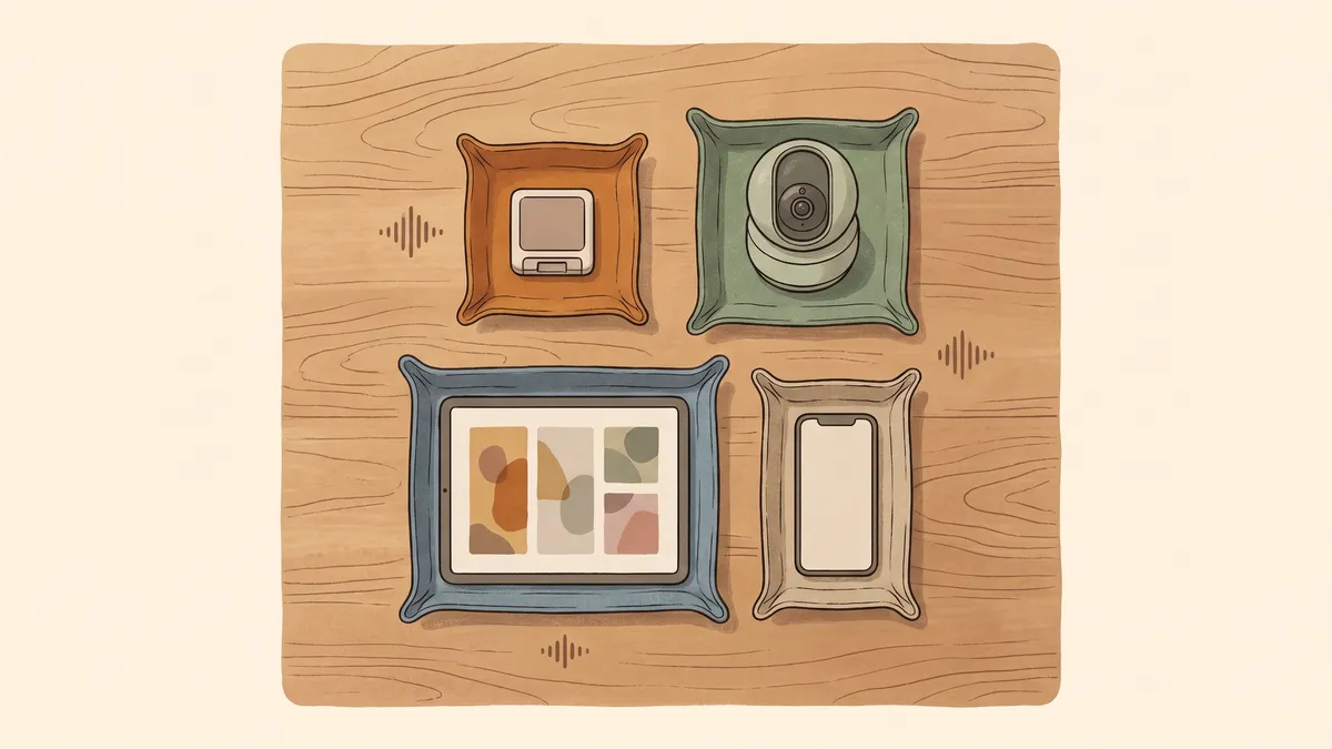 Four tech devices including a card reader and security camera sit separated in individual colorful felt trays on a wooden desk.