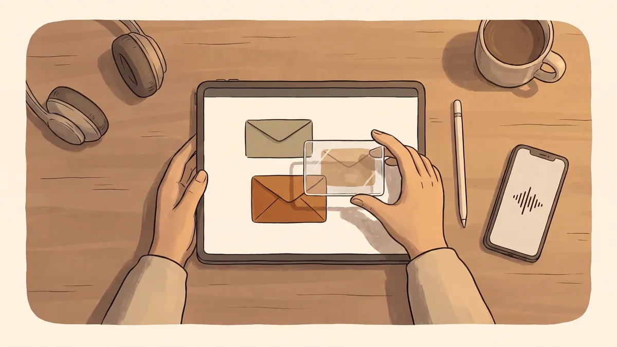 Hands holding a magnifying lens over a tablet displaying two identical digital envelopes on a wooden desk.