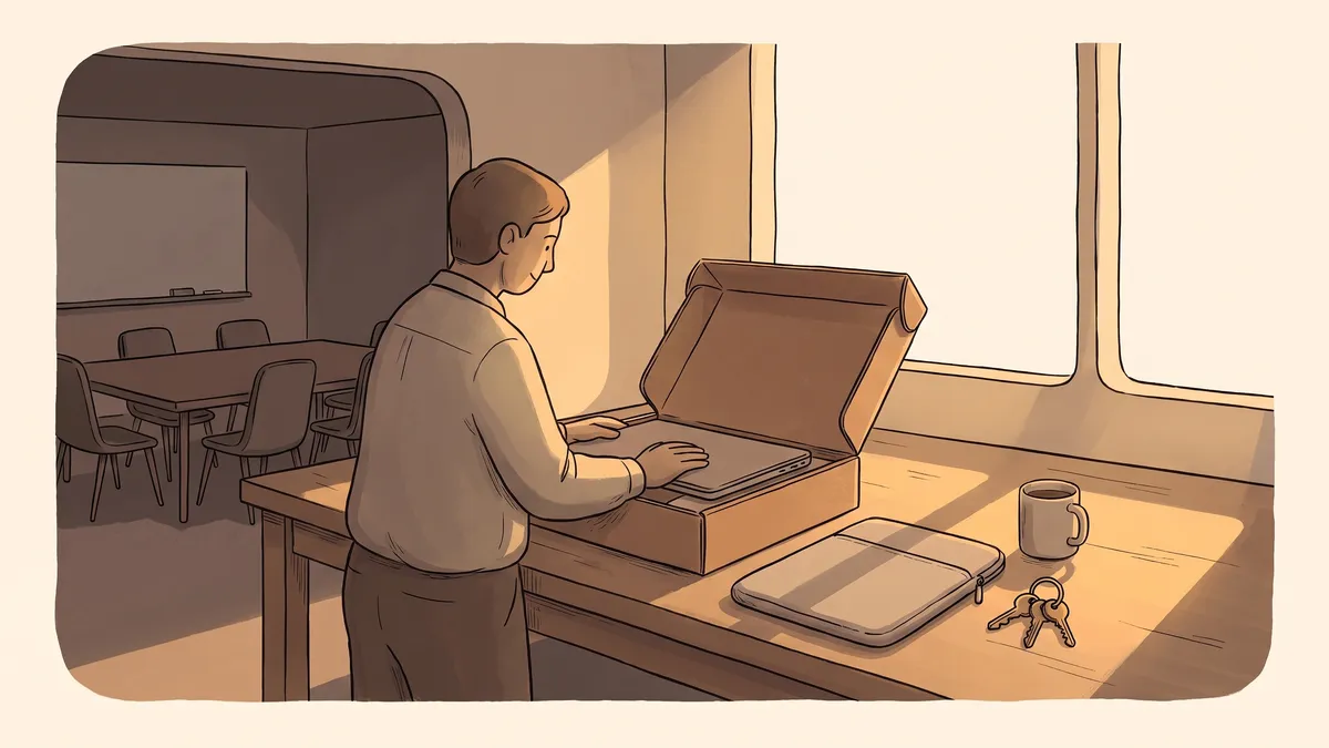 An office worker unboxes a new replacement laptop at a desk beside an empty padded sleeve and a mug.