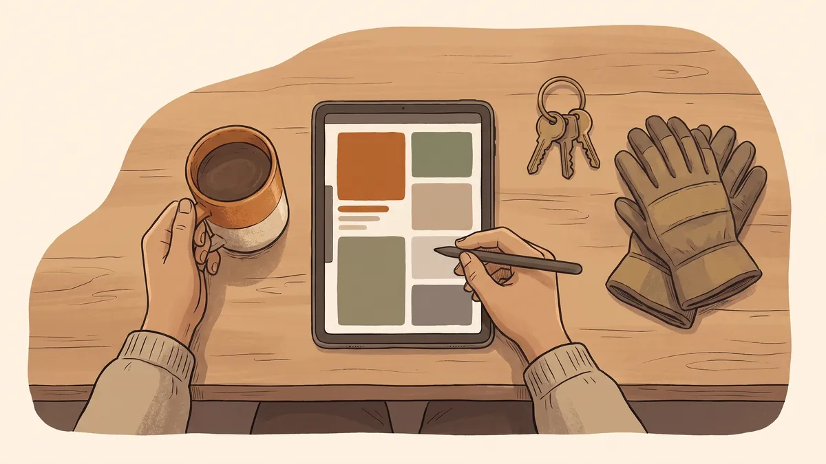 Hands holding a coffee mug and reviewing an automated quote on a tablet with a stylus over a wooden counter.