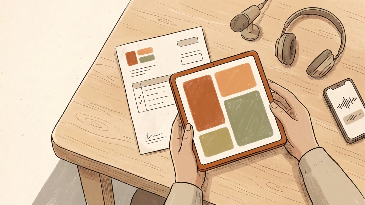 Hands holding a tablet over a paper invoice on a wooden desk to verify digital data.