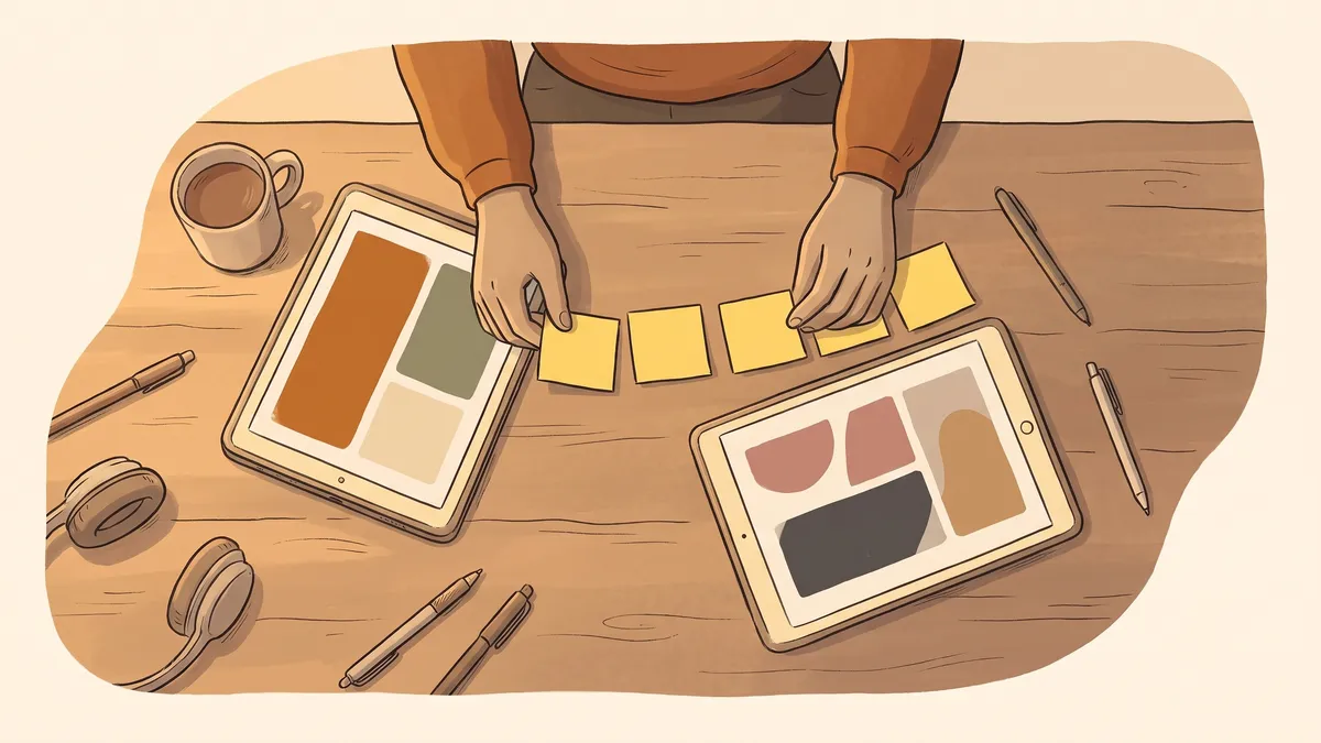 Overhead view of hands arranging sticky notes to connect two separate digital tablets on a wooden desk.