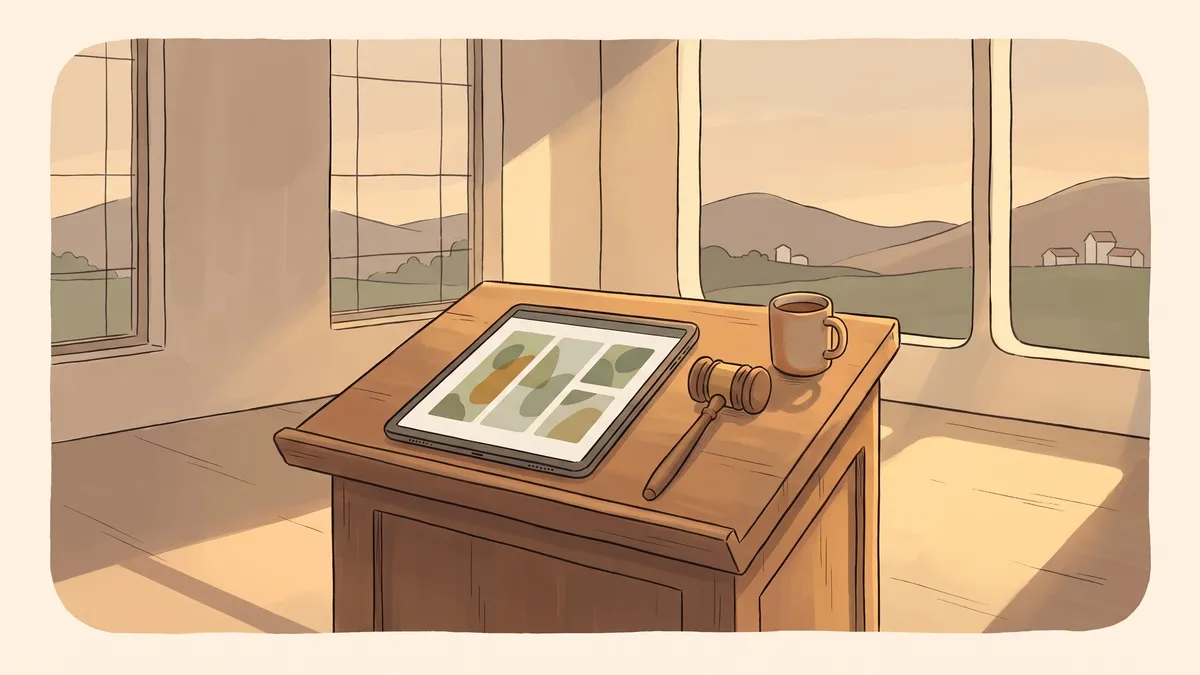 A tablet with a clean website layout resting on a timber podium next to a gavel in a sunlit town hall.