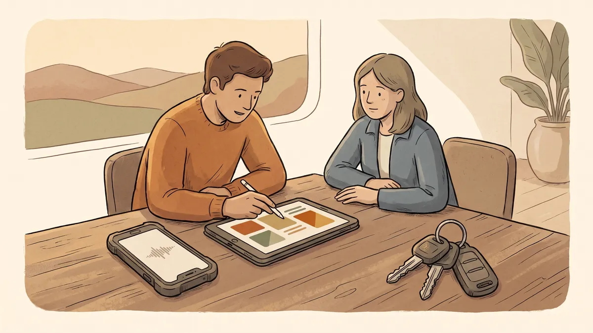 Two colleagues evaluating a digital workflow on a tablet atop a wooden worktable with fleet keys nearby.