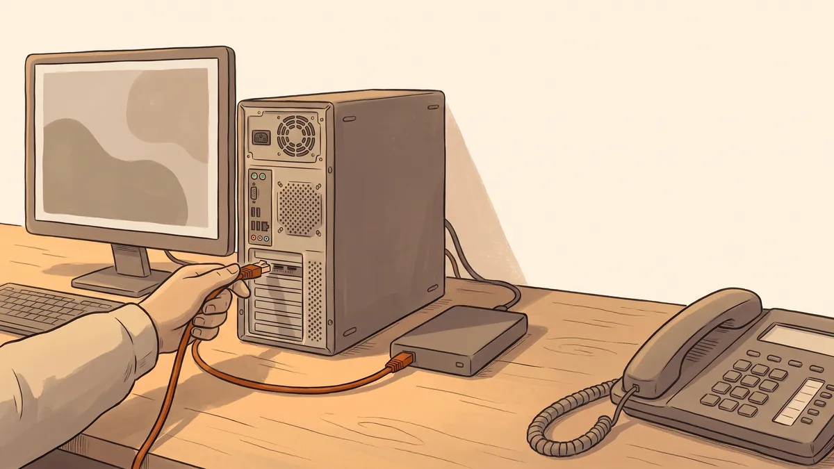 A hand unplugging an Ethernet cable from a desktop computer tower next to a backup drive on an office desk.