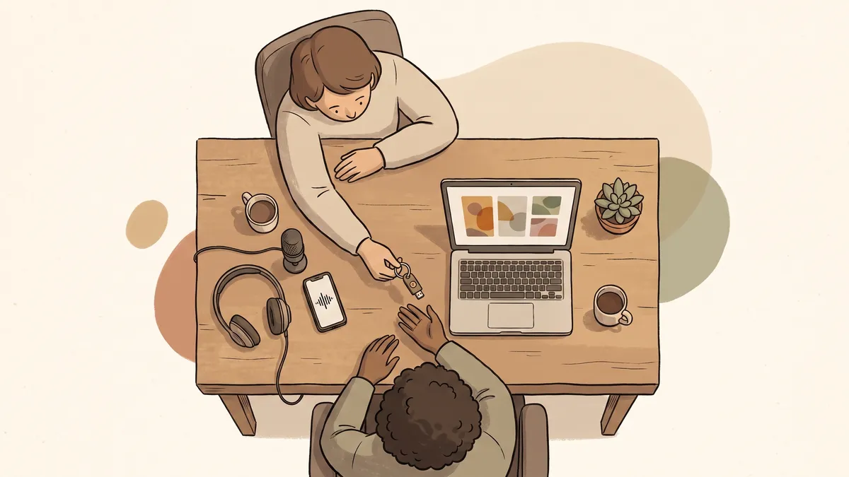 Two colleagues exchange a keyring and USB security key across a wooden desk next to a laptop.