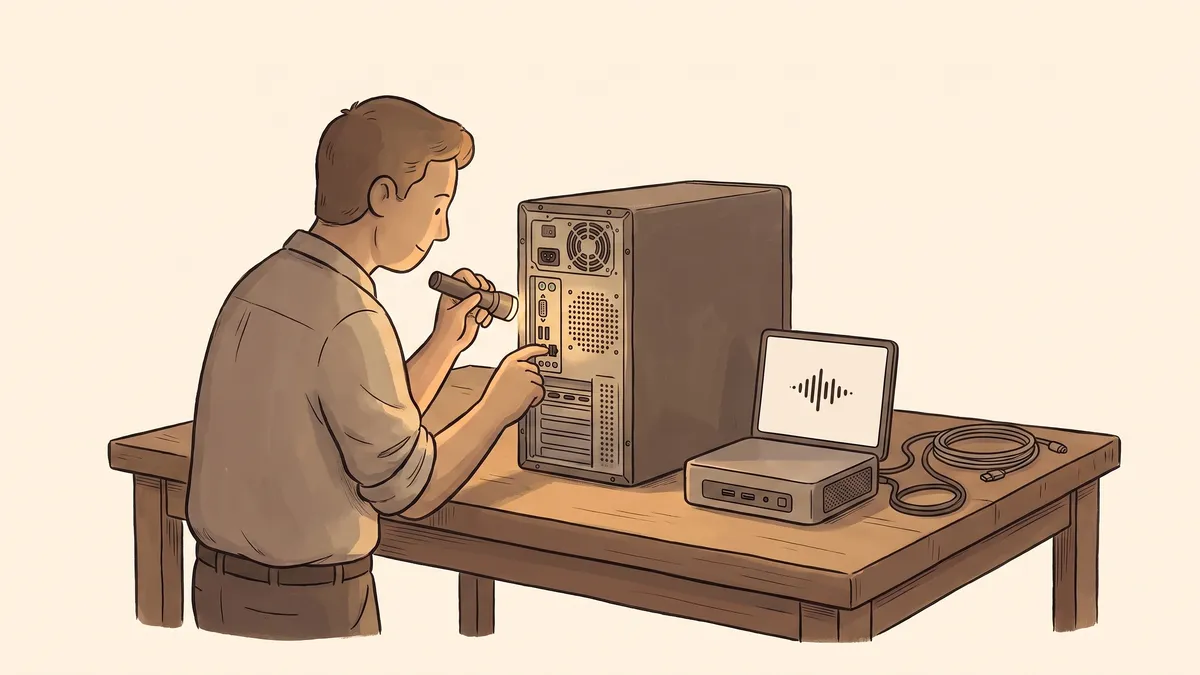 An IT technician inspecting and comparing older and newer desktop computers on a wooden workbench.