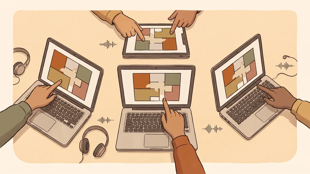 Colleagues comparing conflicting versions of the same colorful diagram across four laptops on a conference table.